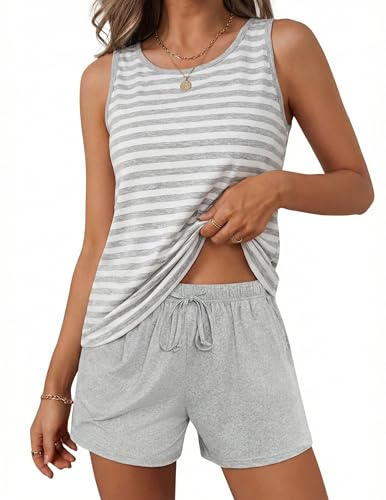 Litherday Pijama Mujer Verano Corto Algodón 95% Camiseta de Tirantes a Rayas y Pantalón Corto Liso Conjunto 2 Piezas Suave y Cómodo para Casa y Dormir Gris Claro XL