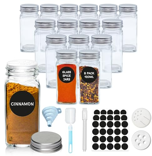 volila Spice Jars - 16 Pack 120ml Glass Spice Jars with Lids and Labels, Stickers, Pen, Cleaning Sponge and Funnel - Refillable Square Seasoning Jars for Spices, Herbs, Salt and Pepper