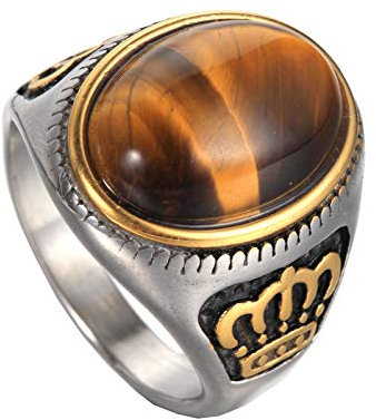 OAKKY Män rostfritt stål oval agat ädelsten tigeröga kronring e rostfritt stål, Y, colore: Silverbrun, cod. BIN20191218A118
