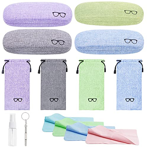 LZYMSZ 4 Sets Glasses Case, Portable Linen Hard Shell Eyeglasses Cases, Protective Glasses Box for Storage Sunglasses, Eye Glass Carry Case with Glasses Accessories (Drawstring Pouch, Cleaning Cloth)