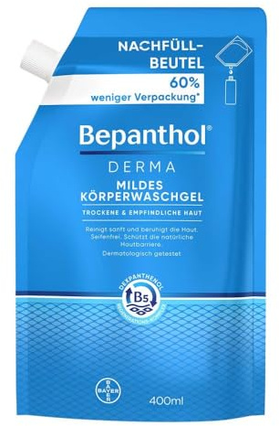 Bepanthol DERMA Mildes Körperwaschgel | mildes Duschgel für empfindliche und trockene Haut, dermatologisch getesteter Feuchtigkeitsspender mit Dexpanthenol | seifenfrei | 400ml Nachfüllbeutel