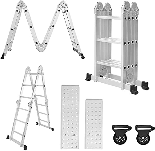 NAIZY Escalera Multiusos de Aluminio de 340 cm, 6 en 1, Escalera Plegable con 2 Ruedas y Plataforma, 4 x 3 escaleras Multiusos Plegables Plata, hasta 150 kg