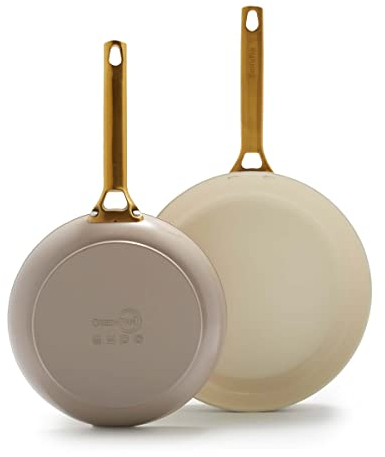 GreenPan Hard Anodized Healthy Ceramic Nonstick 10 and 12 Frying Pan Skillet Set, Gold Handle, PFAS-Free, Dishwasher Safe, Oven Safe, Taupe