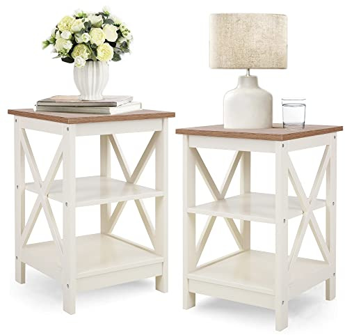 PHI VILLA End Table Living Room Set of 2, Farmhouse Bed Side Table Nightstands for Bedroom, Ivory White Small Side Table