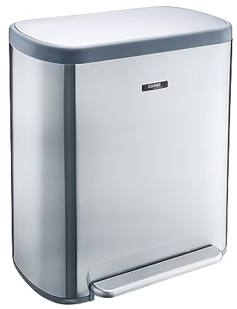 Cooks Professional Dual Recycle Bin 60L with Single Pedal | 2 x 30L Removable Compartments & Soft Close Lid | Double Section Stainless Steel Kitchen or Office Dustbin for Recycling or Waste | Silver