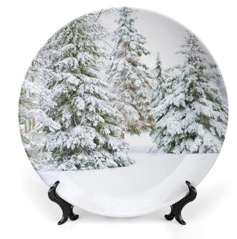 Pines Trees Winter Snow Path Ceramic Plate, Decorative Plate for Wall Hanging, Tabletop Decor Plate, Funny Dinner Plates, Porcelain Collectible Plate with Display Stand, 8