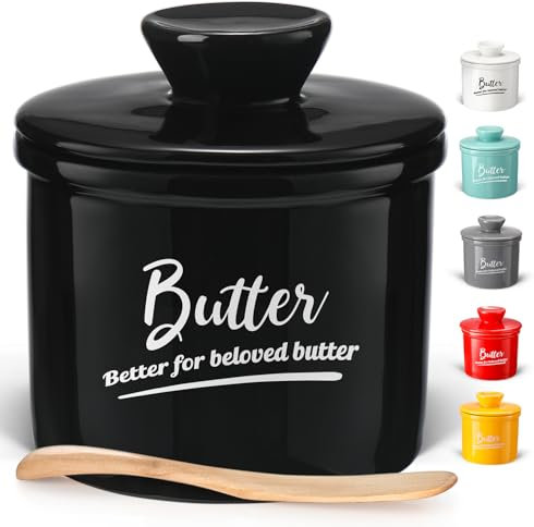 AISBUGER Französische Butterdose,Butterglocke Keramik mit Deckel,Butterdose Wassergekühlt mit Wasserlinie,keramische Butterglocke für Frische und Streichfähige Butter,Schwarz