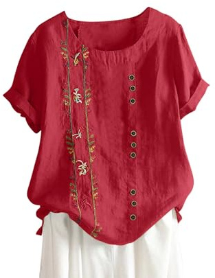 Chemisiers et Blouses Femme Coton Lin Manches Courtes Col Rond T-Shirt a La Mode avec Boutons Hauts Polyvalente Imprimé Floral Tee Shirt Grande Taille Tops Lâche Respirant Vêtements Casual