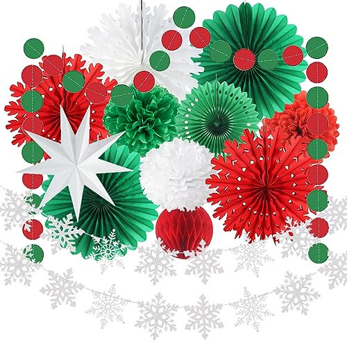 Christmas Honeycomb Decorations Snowflake Paper Fans Red Green White Paper Pom Poms Flowers Honeycomb Balls White Snowflake Garlands Star Lantern for Xmas Christmas Party Decoration