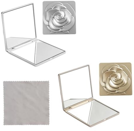 GUTERTOP 2 Stück Taschenspiegel Klappbar mit Vergrößerung, Kosmetikspiegel Klein, Reisespiegel mit Rosenmuster für Geldbörsen Handtaschen Büro Damen