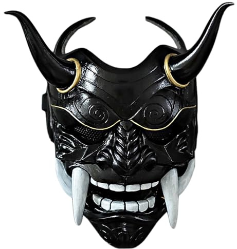 NIDONE Japansk Oni-mask, japansk hannya-mask i latex, skrämmande full ansikts-samurajmask med oxhorn