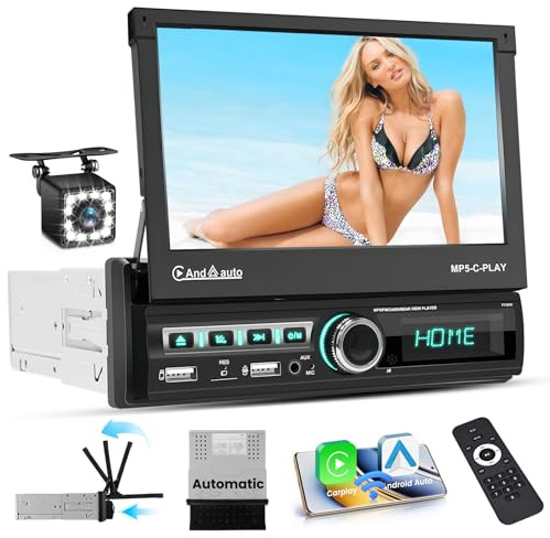 Hikity 1 Din bilradio San Fil Carplay Android Auto 7 tum HD Bluetooth bilradio pekskärm med FM-radio USB TF-kort AUX SWC MIC backkamera fjärrkontroll