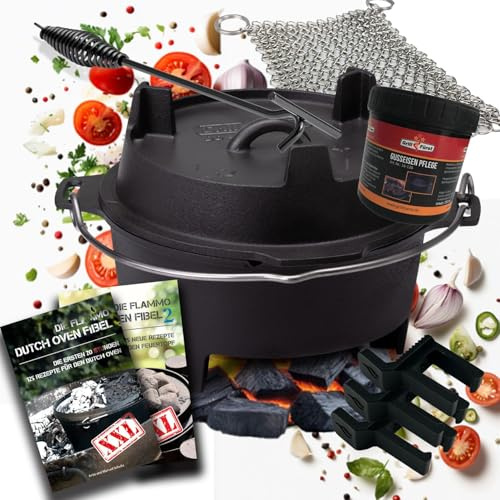 Grillfürst Dutch Oven BBQ DO 12 (ca. 12 Liter) - mit 35cm Deckelheber, Abstandshalter, Ringreiniger, Pflegepaste + 2x Dutch Oven Fibel XXL