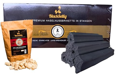 BlackSellig Beach Kokos - Bricchette da barbecue XXL, in puro cocco, ecologiche, per affumicatura, durata extra lunga, aste da spiaggia (bastoncini da nocciola da 8 kg + accendi)
