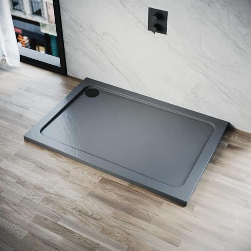 ELEGANT 1200 x 900 x 40mm Grey Stone Shower Tray for Shower Enclosure Cubicle and Shower Door + Waste Trap