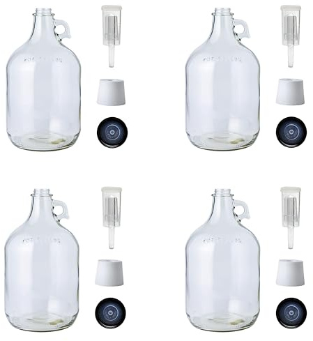 FastRack 4-Pack 1G Clear Glass Jugs with Polyseal Caps, 6.5G Rubber Bungs & 3-Piece Airlocks – Fermentation Jars for Home Brewing, Glass Fermenter Containers for Liquid Fermentation