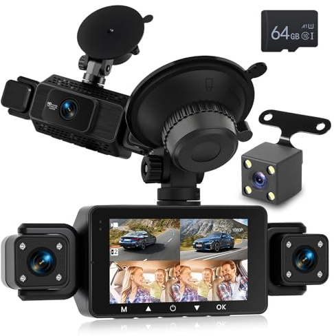 NHOPEEW Cámara de Auto 360° de 4 Canales – Cámara de Auto 1080P con G-Sensor/Control App WiFi, Visión Nocturna IR/Grabación en Bucle/Detección de Movimiento