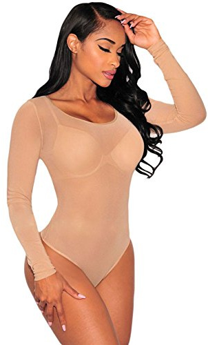 Donna O-Collo Body Mesh Manica Lunga Nero Sheer Bodysuit (XL, nudo)