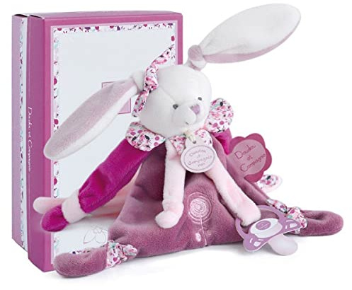 Doudou et Compagnie - Doudou Attache Tétine, Sucette - Lapin Cerise Rose - Boite Cadeau - 17 Cm - Idée Cadeau de Naissance Fille - Garantie Doudou Perdu - DC2701