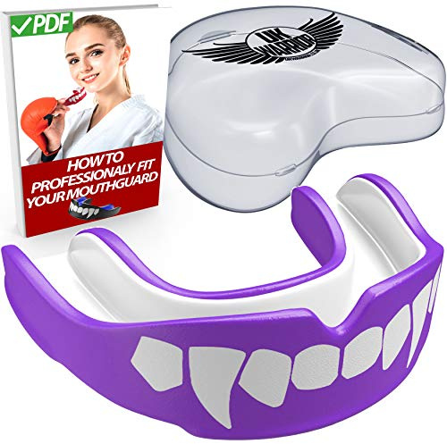 Protector bucal UK Warrior Vampire, para boxeo, artes marciales, karate, rugby y otros deportes de contacto - incluye casos - color Purple & White, tamaño niño