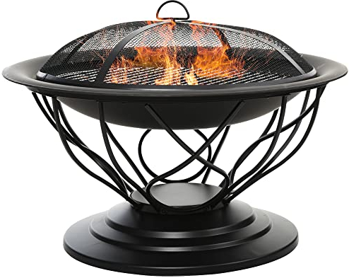 Outsunny Brasero cheminée Foyer extérieur Ø 75 x 55H cm Grille à Charbon + Cuisson Couvercle tisonnier métal Noir