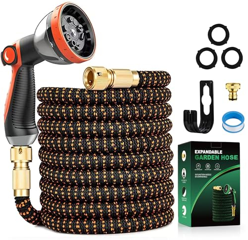 Expandable Hose Pipe 100FT, Upgraded 3-Layer Latex No-Kink Flexible Garden Hose, 3/4&1/2 Metal Connectors, 10 Function Spray Nozzle, Water Hose for Gardening, Washing & Cleaning (100ft/30m)