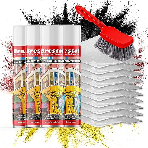 BRESTOL® Lot de 4 sprays de dégraissant GRAFFITI 400 ml - Avec bandes chimiques et brosse - Décapant graffitile - Décapant de peinture - Décapant de peinture - Dissolvant de peinture - Dissolvant de
