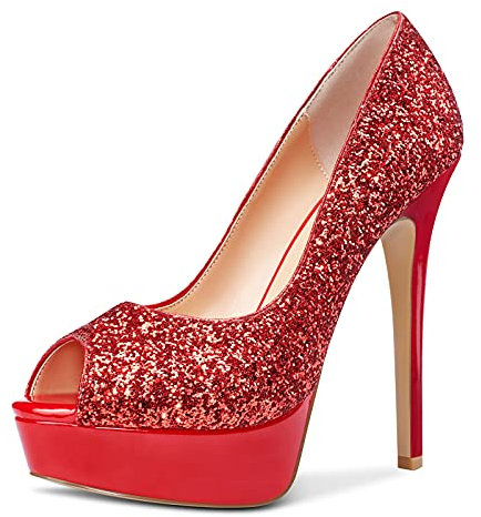 NobleOnly Women's Platform Open-Toe Leather Lining Stilettos 5IN High Heels Pumps Red Glitter Shoes UK9
