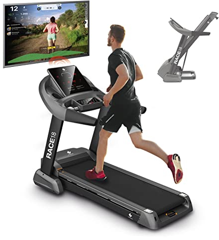 FitEngine Laufband RACE18 | Klappbares Laufband mit extra leiser 8-Zonen-Dämpfung | bis zu 150 kg Traglast | 15% automatische Steigung | 7 PS bis zu 18 km/h | Großes Display, Lautsprecher & Bluetooth
