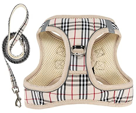 YUDOTE Step in Welpengeschirr und Leine, britischer Stil, kariert, mit Frontclip für kleine Hunde und Kätzchen, Größe XXS, Beige
