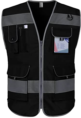 Graunton Sicherheitsweste für Männer Frauen 9 Taschen Reflektorweste, warnweste erwachsene für mit reflektierenden Streifen, Warnweste für Gebäude, Gartenarbeit, Laufend,(DE-Schwarz, Small).