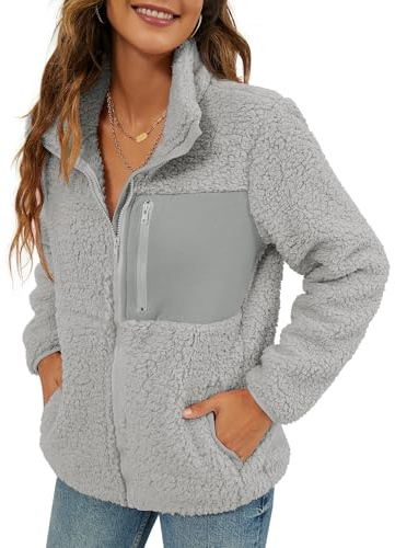 VVK Women's 2024 Winter Faux Fur Coats Long Sleeve Lapel Fuzzy Fleece Outerwear Zip Up Sherpa Jackets Pocket (Grey, XXL)