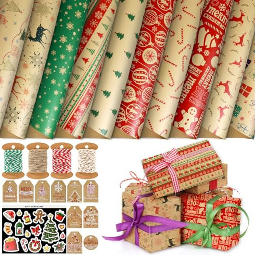 Coicok Carta da Regalo Natalizio Kraft Set 10 Fogli, 10 Etichette, 4 Rotoli di corda di iuta e 1 Adesivi natalizi (70x50cm)