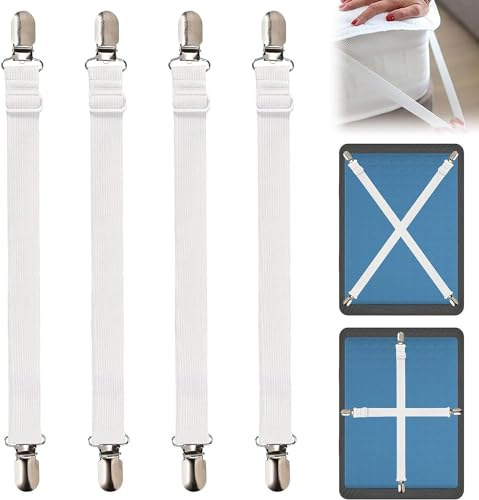 KARELLS Juego de pinzas ajustables para sábanas, 4 unidades, tensor de sábana ajustable (35-130 cm), elástico, para sábanas, colchón, cuna, tabla de planchar o sofá, color blanco