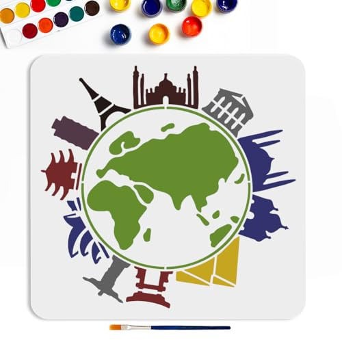 MAYJOYDIY Plantilla de pintura de mapa del mundo, plantilla clásica de edificio, 30 x 30 cm, reutilizable, diseño de ciudad, lugares famosos, arquitectura, plantilla para pared, decoración del hogar,