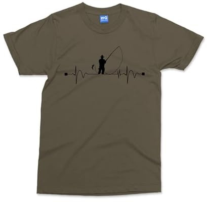 Fishing Heartbeat Pulse T-Shirt - Green - L - Graphic Mens T-Shirt - Kids & Adults Size Tee - Regular Fit Fishing Clothing - Funny Fisherman T-Shirt - Fishing Gifts for Men