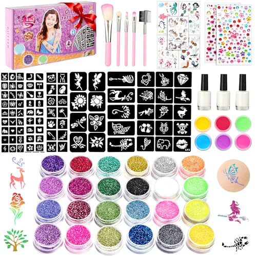 WECUTE, Set Tatuaggi Glitter, Tatuaggi Glitter Bambina-30 Colori, 189 Stencil Tattoo, 5 Pennelli, 2 Colla,Kit Trucco Glitter per Bambini, Regali per Ragazzi e Ragazze per Natale, Carnevale