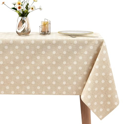 Beige Wipeable PVC Tablecloth, Waterproof Polka Dot Table Cloth Wipe Clean | Beige Polka Dot Wipeable Table Cloth, Wipe Clean PVC Tablecloths Outdoor, Rectangular Plastic Table Cover, 180x137cm