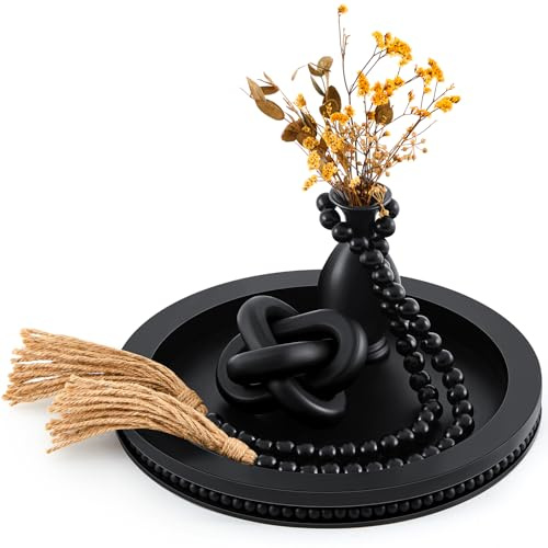 3 Pcs Coffee Table Decor Include 12in Black Wooden Serving Tray, Wood Boho Knot Chain and Wood Bead Garland with Tassels for Coffee Table Housewarming Gift Dining Room Entryway Living Room Farmhouse