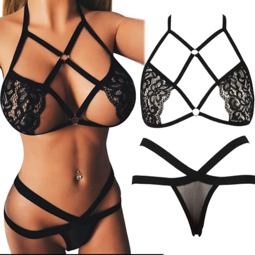 PNPGDYKR Sexy Lencería Set 2 Piezas Sujetador y Tanga,Conjuntos de Lencería Sexy Mujer, Bralette Tiras Cruzados con Copa Encaje Hueca y Braguita Negro Conjunto Lingerie