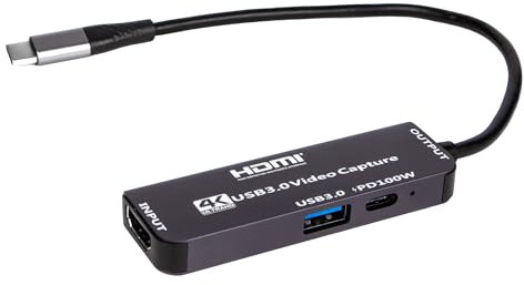 Tarjeta de captura de vídeo, USB 3.0 PD 100 W HDMI a USB C, 4K 1080P 60 FPS Capture with Type-C Adapter Devices for Gaming Live Streaming Video Recorder, Compatible con Windows Mac OS System