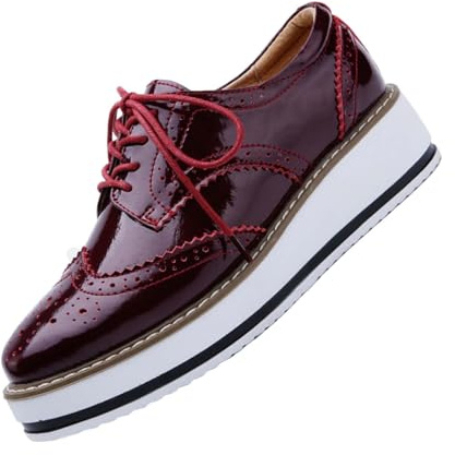 Women's Platform Oxfords Shoes Classic Chunky Leather Wingtips Round Toe Sneakers Lace-Up Wedges Dress Shoes Breathable Comfortable Glossy Sneakers