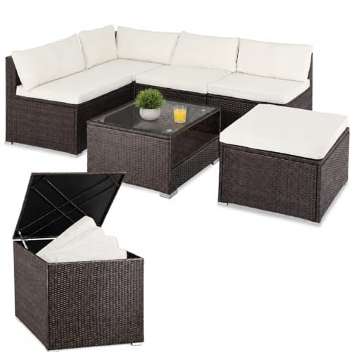 CASARIA® Garden Rattan Lounge Furniture Set inc. 318L Weatherproof Cushion Box | with Table Cushions Stool Sofa | Outdoor Patio 5 Person Seating Group | Polyrattan | Brown Cream