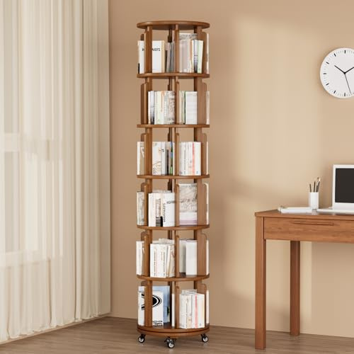Azlafu 6 Tier 360° Rotating Solid Wood Bookshelf with Wheels