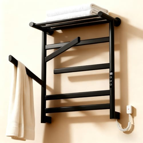 Elektrischer Badheizkörper, 180° Drehung Handtuchheizkörper Elektrisch mit LED-Touchscreen, Handtuchwärmer Elektrisch mit Timer und Thermostat 30-70℃, Handtuchhalter mit Ablage, 360W Schwarz