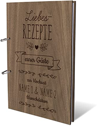 Personalisiertes Kochbuch Nussbaum Holz DIN A4 Rezeptbuch zum selber Ausfüllen mit Lasergravur inkl. 72 Blatt / 144 Seiten Naturpapier Weiß Blanko, Blätter lassen sich rausnehmen und einheften