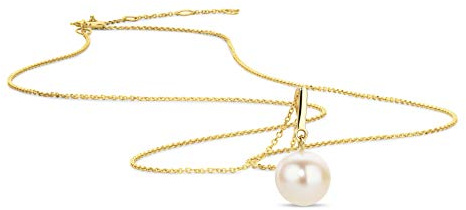 OROVI Schmuck Damen Halskette Gelbgold mit Kettenanhänger runde weiße Süßwasserperle 8.5 mm Kette aus 14 Karat (585) Gold, Länge Einstellbar 42-45cm