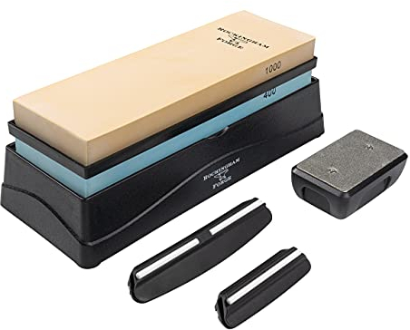 Rockingham Forge Kit de afilado con piedra de cerámica combinada - Piedra de afilar 2 en 1 gruesa/media de grano 400/1000, guías, soporte de afilado y piedra de nivelación