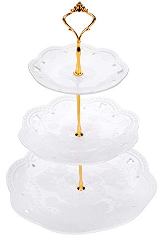 VIVILINEN Supporto per Torta a 3 Livelli Supporto Rotondo per Torta in Ceramica da Dessert, Supporto per Espositore per Porcellana con Manico Dorato