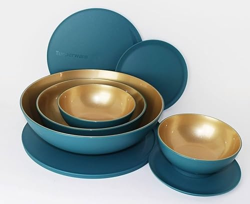 Tupperware Allegra Petrol Gold 1.5 L + 740 ml + 2 x 275 ml Serving Bowl, Bowl + Folding Sieve